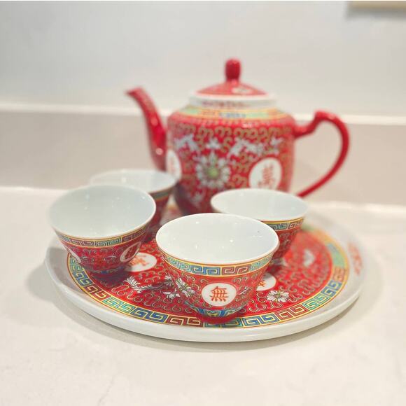 VTG Chinese Rose Mun Shou Rose Longevity Chinoiserie Hand Painted Tea Set 7pcs - Picture 15 of 15